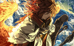  1boy bad_id bad_pixiv_id capelet cloak closed_eyes cloud coat dutch_angle electricity elona exile_(elona) female fiery_wings from_above harusame_(rueken) holding holding_weapon hood hooded_cloak itzpalt_of_element lightning long_hair mage_staff red_hair red_wings rod_of_asclepius sky staff standing weapon wings 