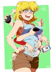  arm_around_waist artist_name black_nails blonde_hair blue_eyes blush bobby_santiago bracelet breast_lift breasts cellphone commentary_request earrings extra_arms gloves highres horn_(instrument) jcm2 jewelry lana_loud large_breasts leni_loud lily_loud lincoln_loud lisa_loud lola_loud lori_loud luan_loud lucy_loud luna_loud lynn_loud makeup multiple_hands nail_polish open_mouth phone pink_gloves short_shorts shorts signature smartphone smile striped_sleeves sweat tank_top the_loud_house tongue 