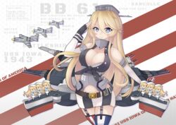  6+girls aircraft airplane asymmetrical_legwear blonde_hair blue_eyes breasts bridal_gauntlets character_name cleavage clothes_writing commentary_request english_text fairy_(kancolle) garter_straps highres iowa_(kancolle) kantai_collection kuronekozero large_breasts long_hair miniskirt mismatched_legwear multiple_girls salute skirt smile star-shaped_pupils star_(symbol) striped symbol-shaped_pupils thighhighs vertical_stripes zettai_ryouiki 