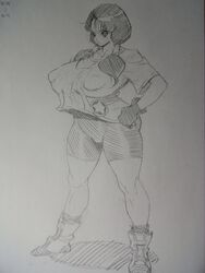  blush bonten breasts curvy dragon_ball dragon_ball_z erect_nipples female gloves huge_breasts long_hair monochrome shorts solo standing thick_thighs twintails videl 