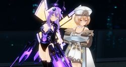  2girls 3d absurdres bare_shoulders blanc_(neptunia) blue_eyes blush braid breasts brown_hair cleavage commentary_request custom_maid_3d_2 detached_wings gloves hair_ornament hat highres leotard long_hair looking_at_viewer medium_breasts multiple_girls neptune_(series) purple_hair purple_heart_(neptunia) short_hair smile sumxsum03 symbol-shaped_pupils twin_braids very_long_hair wings 