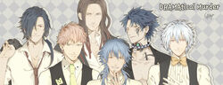  6+boys barbell_piercing blue_hair bow bowtie brown_hair clear_(dramatical_murder) collar commentary_request dramatical_murder dreadlocks earrings formal highres jewelry koujaku lip_piercing long_hair male_focus mink_(dramatical_murder) multiple_boys necktie noiz_(dramatical_murder) nose_piercing open_clothes open_shirt photoshop_(medium) piercing ponytail ren_(dramatical_murder) sagua_(artist) scar seragaki_aoba shirt smile tattoo traditional_bowtie white_hair 