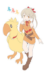  0_0 animal bad_id bad_pixiv_id bare_shoulders belt belt_buckle bird boots brown_belt brown_dress brown_eyes brown_footwear brown_sleeves buckle chobi chocobo cosplay detached_sleeves dress female final_fantasy final_fantasy_unlimited full_body hair_between_eyes hair_ribbon hand_up idolmaster idolmaster_cinderella_girls kneehighs light_brown_hair lisa_pacifist lisa_pacifist_(cosplay) long_hair long_sleeves morikubo_nono parted_lips photoshop_(medium) ponytail red_ribbon ribbon simple_background sleeveless sleeveless_dress socks solo standing sweat uccow white_background white_socks 