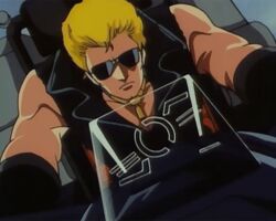  80s animated animated blonde_hair jewelry m.d._geist male male_focus md_geist motor_vehicle motorcycle muscle necklace ohata_koichi oldschool pendant riding sunglasses vehicle 