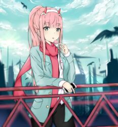  absurdres adore_(adoredesu) aqua_eyes bird black_pants blurry blurry_background candy cellphone cityscape cloud cloudy_sky commentary_request darling_in_the_franxx female food hairband highres holding holding_food holding_phone horns jacket lollipop long_hair outdoors pants phone pink_hair ponytail red_scarf scarf shirt sky solo standing tongue tongue_out white_hairband white_shirt zero_two_(darling_in_the_franxx) 