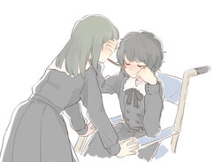  2girls bad_id bad_pixiv_id black_hair blush closed_eyes commentary_request covering_another&#039;s_eyes embarrassed face_grab flowers_(innocent_grey) food food_in_mouth green_hair keiya long_hair long_sleeves mole mole_on_neck mouth_hold multiple_girls photoshop_(medium) pocky pocky_kiss ribbon school_uniform shared_food short_hair simple_background sitting takasaki_chidori wheelchair yaegaki_erika yuri 