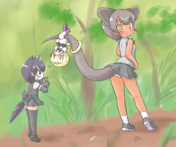  3girls :d :p ^_^ animal_ears anteater_tail ass black_eyes black_hair black_legwear black_skirt blonde_hair blush claw_pose closed_eyes commentary dark-skinned_female dark_skin extra_ears fossa_(kemono_friends) hairband hanging kemono_friends long_tail looking_at_another looking_back mini_person minigirl multiple_girls nature oerba_yun_fang open_mouth orange_eyes outdoors panties pantyshot prehensile_tail short_hair silky_anteater_(kemono_friends) size_difference skirt smile tail tail_wrap tasmanian_devil_(kemono_friends) tasmanian_devil_ears tasmanian_devil_tail thighhighs tiptoes tongue tongue_out uho_(uhoyoshi-o) underwear upside-down 