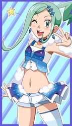  ;d blush female lucia_(pokemon) midriff pokemon pokemon_(game) pokemon_oras smile stomach v 