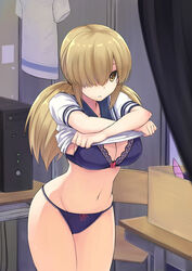  blonde_hair box bra breasts cleavage clothes_lift commentary_request computer computer_tower coupe50 female groin hair_over_one_eye indoors lace lace-trimmed_panties lace_bra lace_trim large_breasts low_twintails mole mole_under_eye navel panties photokano ribbon school_uniform serafuku shirt_lift solo twintails uchida_yuuko underwear undressing yellow_eyes 