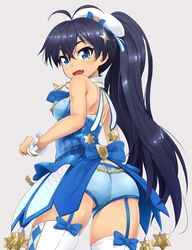  antenna_hair ass beret black_hair blue_eyes commentary_request female ganaha_hibiki garter_straps hair_ornament hat idolmaster idolmaster_(classic) idolmaster_platinum_stars jewelry long_hair looking_at_viewer mamezou necklace oerba_yun_fang open_mouth photoshop_(medium) ponytail ribbon solo star_(symbol) star_hair_ornament thighhighs twinkle_star_(idolmaster) wrist_cuffs 