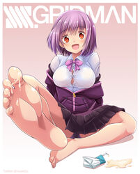  barefoot blush bow breasts button_gap collared_shirt commentary drink drinking_straw feet female foot_focus gridman_universe jacket juice_box large_breasts light_purple_hair long_sleeves looking_at_viewer off_shoulder photoshop_(medium) pleated_skirt purple_jacket red_eyes ryusei2u school_uniform shinjou_akane shirt short_hair sitting skirt smile soles solo ssss.gridman suggestive_fluid toes white_shirt 