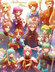  armor artur_(fire_emblem) bad_id bad_twitter_id bare_shoulders blue_hair blush book breastplate cape dress eirika_(fire_emblem) elbow_gloves ephraim_(fire_emblem) ewan_(fire_emblem) fire_emblem fire_emblem:_the_sacred_stones gloves green_eyes green_hair holding hzk_(ice17moon) jewelry knoll_(fire_emblem) l&#039;arachel_(fire_emblem) long_hair looking_at_viewer lute_(fire_emblem) lyon_(fire_emblem) male_focus moulder_(fire_emblem) multiple_boys multiple_girls natasha_(fire_emblem) open_mouth ponytail purple_cape purple_eyes purple_hair saleh_(fire_emblem) short_hair smile thighhighs twintails 