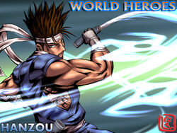  1boy brown_hair gloves hanzo_(world_heroes) headband male_focus muscular muscular_male nikuji-kun photoshop_(medium) reverse_grip scabbard sheath short_sword sleeveless snk solo spiked_hair sword vambraces weapon world_heroes 