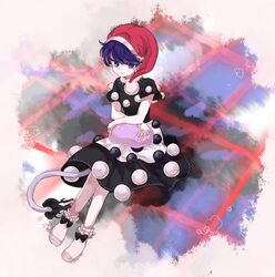  arm_rest black_dress blue_eyes blue_hair bobby_socks commentary_request doremy_sweet dream_soul dress female hat looking_at_viewer minako_(gazekura) nightcap open_mouth pom_pom_(cheerleading) short_hair short_sleeves sitting smile socks solo tail tapir_tail touhou white_socks 