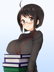  :&gt; ahoge binder black_hair book box breast_rest breasts brown_eyes carried_breast_rest carrying commentary_request covered_nipples female glasses kaisen_chuui large_breasts no_bra see-through servant_x_service short_hair solo sweater yamagami_lucy 