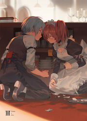  2girls akuma_no_riddle apron azuma_tokaku bell black_choker black_dress blue_eyes blue_hair broken butler character_name choker cleavage_cutout clothing_cutout commentary_request counter dress eye_contact female_butler full_body glass ichinose_haru juliet_sleeves kneeling long_sleeves looking_at_another maid maid_headdress multiple_girls neck_bell original pants parted_lips photoshop_(medium) puffy_sleeves red_eyes red_hair rei_(sanbonzakura) short_hair tray vest 