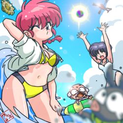  2boys 2girls animal arm_behind_head arms_above_head ball beachball bikini bikini_under_clothes blue_eyes blue_hair braid cloud eyes_close genderswap_(mtf) hand_on_thigh happosai hat helicopter hibiki_ryouga innertube jacket multiple_boys multiple_girls navel old_man one_eye_closed open_clothes open_mouth p-chan pig puckered_lips ranma-chan ranma_1/2 red_hair rule_63 saotome_ranma single_braid sky sun swimsuit tagme tendou_akane wantan-orz water wink 