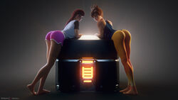  2girls 3d ass barefoot blizzard_entertainment brown_hair d.va earrings feet female female_only high_resolution highres leggings long_hair lootbox overwatch shorts tight_clothing tracer vgerotica yellow_toenails 