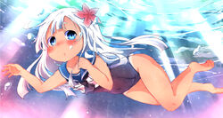  air_bubble breath bubble commentary_request crop_top female flower freediving hair_flower hair_ornament highres holding_breath kantai_collection long_hair mochizuki_usagi one-piece_swimsuit ro-500_(kancolle) sailor_collar school_swimsuit swimming swimsuit swimsuit_under_clothes tan tanlines underwater white_hair |_| 