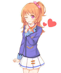  ;) aikatsu! aikatsu!_(series) blue_jacket blush brown_hair closed_mouth commentary_request cowboy_shot female finger_to_mouth hair_ribbon heart highres jacket long_hair long_sleeves looking_at_viewer makiaato one_eye_closed one_side_up ozora_akari pink_ribbon pleated_skirt purple_eyes ribbon school_uniform shirt shushing simple_background skirt smile solo starlight_academy_school_uniform white_background white_shirt white_skirt 