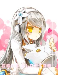  code:_electra_(elsword) commentary_request elsword eve_(elsword) female flower hairband heart hug long_hair malmaron remy_(elsword) solo white_hair yellow_eyes 