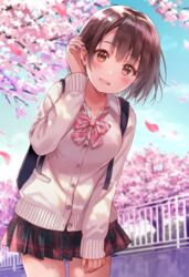  :d blouse blurry blush bow bowtie breasts brown_eyes brown_hair cardigan cherry_blossoms cloud commentary cowboy_shot day depth_of_field female fence fukahire_(ruinon) hair_between_eyes hand_up leaning_forward long_sleeves looking_at_viewer medium_breasts miniskirt multicolored_clothes multicolored_skirt open_mouth original outdoors petals plaid plaid_skirt pleated_skirt school_uniform shirt short_hair skirt sky sleeves_past_wrists smile solo sorai_mahiru_(fukahire) striped_bow striped_bowtie striped_clothes sweater tucking_hair white_shirt 