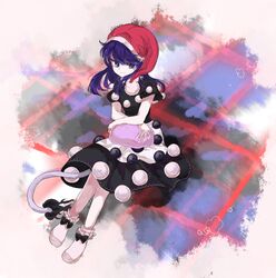  arm_rest black_dress blue_eyes blue_hair bobby_socks closed_mouth commentary_request doremy_sweet dream_soul dress female hat long_hair looking_at_viewer minako_(gazekura) nightcap pom_pom_(cheerleading) short_sleeves sitting smile socks solo tail tapir_tail touhou white_socks 