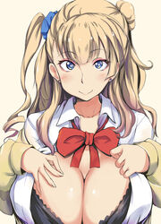  black_bra blonde_hair blue_eyes blue_ribbon blush bow bowtie bra breasts cardigan cleavage closed_mouth commentary_request dress_shirt ear_piercing female galko gengoroh hair_bun hair_ribbon large_breasts long_hair long_sleeves looking_at_viewer one_side_up open_cardigan open_clothes open_shirt oshiete!_galko-chan piercing red_bow red_bowtie ribbon shirt single_side_bun smile solo underwear upper_body white_shirt 