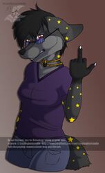  anthro canid canine canis clothing english_text eyewear female gesture glasses hi_res looking_at_viewer mammal profanity singingbirdstudio solo star text wolf 