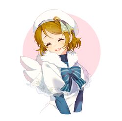  angel_wings blue_ribbon brown_hair closed_eyes coat female hat izumi_k_rukawa koizumi_hanayo love_live! love_live!_school_idol_festival love_live!_school_idol_project ribbon solo white_coat white_hat wings 