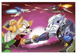  aircraft angry anthro arwing bare_shoulders belt black_nose border brown_body brown_fur canid canine canis clothing duo fight fingerless_gloves fox fox_mccloud fur gloves green_eyes handwear jacket male mammal nintendo open_mouth purple_eyes scarf scottyartz shoulder_pads signature spacecraft spikes star_fox teeth topwear vehicle white_body white_border white_fur wolf wolf_o&#039;donnell wolfen 