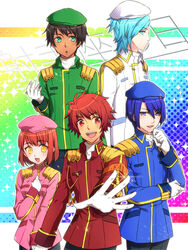  4boys :d aijima_cecil armband bad_id bad_pixiv_id beret bishounen black_hair blue_eyes blue_hair brown_hair cosplay female gloves green_eyes hat hijirikawa_masato ittoki_otoya km_hn mikaze_ai military military_uniform mole multiple_boys nanami_haruka open_mouth red_eyes red_hair short_hair smile suzumiya_haruhi_no_yuuutsu the_day_of_sagittarius uniform uta_no_prince-sama uta_no_prince-sama_maji_love_2000_percent yellow_eyes 