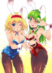  2girls :p alice_margatroid alternate_costume animal_ears bad_id bad_pixiv_id blonde_hair blue_eyes blue_leotard breasts cleavage commentary_request frog_hair_ornament green_eyes green_hair hair_ornament hairband heart kochiya_sanae leotard long_hair medium_breasts multiple_girls one_eye_closed pantyhose photoshop_(medium) playboy_bunny rabbit_ears red_leotard snake_hair_ornament tongue tongue_out touhou v_over_eye wrist_cuffs yuu_(kfc) 