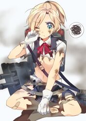  aqua_eyes bandaid bandaid_on_knee bandaid_on_leg blonde_hair commentary_request female frown gloves indian_style kantai_collection kneehighs linaria_(ookinahitomi) maikaze_(kancolle) mecha_musume midriff navel one_eye_closed ponytail scratches shirt short_hair sitting skirt socks solo spoken_squiggle squiggle thigh_strap torn_clothes torn_shirt torn_skirt vest white_gloves wiping_face 