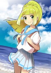  backpack bad_id bad_pixiv_id bag blonde_hair blue_sky closed_mouth cloud commentary day female green_eyes holding_strap lillie_(pokemon) long_hair miniskirt naga_(naga54321) outdoors pokemon pokemon_sm ponytail shirt short_sleeves skirt sky smile solo water white_shirt white_skirt 