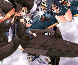  2girls aerial_battle aircraft airplane battle black_hair blonde_hair breasts cleavage gun j2m_raiden jaggy_lines large_breasts lightning long_hair military multicolored_hair multiple_girls name_connection object_namesake oekaki original p-47_thunderbolt personification propeller school_uniform serafuku short_hair sparks weapon world_war_ii yonezuka_ryou 