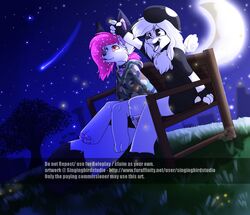  anthro bench canid canine canis chibi clothing domestic_dog duo english_text female fox gesture hand_gesture mammal moon night on_bench outside park pointing singingbirdstudio stargazing text url 