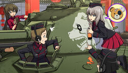  +_+ 4girls ? ^^^ angry bandages bear black_hair blue_eyes boko_(girls_und_panzer) brown_hair commentary_request dress_shirt extra from_side garrison_cap girls_und_panzer grey_hair hat headphones itsumi_erika itsumi_erika&#039;s_loader jacket kojima_emi kuromorimine_military_uniform long_hair long_sleeves military military_uniform military_vehicle monster motor_vehicle multiple_girls paint_can panzer_58 pointing ponytail profile red_shirt shinmai_(kyata) shirt short_hair sleeves_rolled_up speech_bubble stuffed_animal stuffed_toy sweatdrop tank teddy_bear teeth uniform unworn_jacket world_of_tanks 