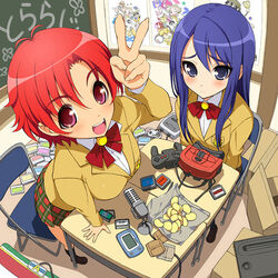  2girls album_cover blazer blue_eyes blue_hair box chalkboard chie_(tora-radi) classroom controller cover desk famicom fisheye foreshortening frown game_console handheld_game_console indoors jacket loaded_interior long_hair long_sleeves looking_at_viewer microphone multiple_girls natsumi_(tora-radi) open_mouth perspective plaid plaid_skirt red_eyes red_hair school_uniform short_hair skirt tora-radi toranoana tsuji_santa v virtual_boy wonderswan 