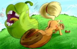  2017 applejack_(mlp) ass biting_pear_of_salamanca clothing cloud cowboy_hat cutie_mark duo earth_pony elemental_creature equid equine female feral flora_fauna food food_creature friendship_is_magic fruit grass hasbro hat headgear headwear hi_res horse living_fruit mammal meme my_little_pony outside pear phuocthiencreation plant pony sky 