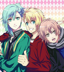  3boys bad_id bad_pixiv_id blonde_hair blue_hair commentary_request grey_eyes kurusu_shou male_focus mikado_nagi mikaze_ai mo_(75754264) multiple_boys open_mouth pink_hair smile uta_no_prince-sama uta_no_prince-sama_maji_love_2000_percent v 