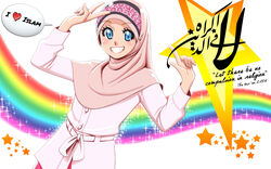  arabic_commentary arabic_text bilingual blonde_hair blue_eyes blush commentary english_commentary english_text female grin highres hijab i_heart... looking_at_viewer mixed-language_commentary mixed-language_text multilingual muslim nayzak_al-hilali original photoshop_(medium) quran_verse rainbow scripture shooting_star simple_background smile solo sparkle speech_bubble star_(symbol) translated v white_background 