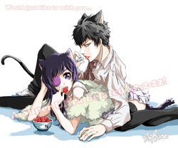  1boy animal_ears cat_boy cat_day cat_ears cat_girl cat_tail choker chrome_dokuro closed_mouth colored_eyepatch commentary_request ears_down eating english_commentary english_text engrish_commentary engrish_text eyepatch female fish food fruit hibari_kyouya katekyo_hitman_reborn! kemonomimi_mode long_hair looking_at_viewer mixed-language_commentary narrowed_eyes photoshop_(medium) purple_eyes purple_hair ranguage runesque short_bangs skirt socks strawberry tail tail_raised thighhighs 