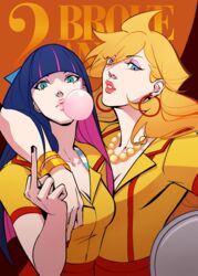  2_broke_girls 2girls aqua_eyes arm_around_shoulder blonde_hair blowing_bubbles blue_eyes blue_hair bracelet breasts chewing_gum cleavage colored_inner_hair commentary cpieng earrings english_commentary eyeshadow highres hoop_earrings jewelry lips lipstick long_hair looking_at_viewer makeup medium_breasts middle_finger multicolored_hair multiple_girls necklace panty_&amp;_stocking_with_garterbelt panty_(psg) pearl_necklace pink_hair siblings sisters stocking_(psg) two-tone_hair waitress 