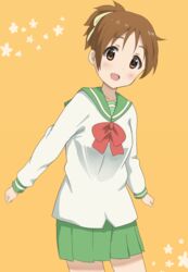  brown_eyes brown_hair commentary_request female green_sailor_collar green_skirt hirasawa_ui k-on! ponytail sailor_collar school_uniform serafuku shizupu short_hair skirt smile solo 