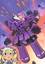  &gt;_&lt; 2girls closed_eyes commentary gundam gundam_unicorn histoire mobile_suit multiple_girls neo_zeong nepgear neptune_(series) parody photoshop_(medium) purple_hair segamark 