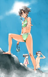  1boy 2girls alternate_hairstyle amagami bad_id bad_pixiv_id barefoot beach bikini black_eyes black_hair crotch day from_below green_bikini grin looking_at_viewer looking_down mike156 multiple_girls outdoors outstretched_hand pink_bikini ponytail reaching reaching_towards_viewer short_hair sky smile standing swimsuit tanaka_keiko_(amagami) tanamachi_kaoru umehara_masayoshi 