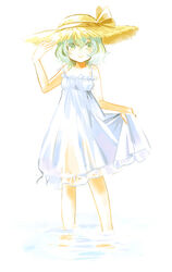  alternate_costume backlighting chaba_(hortensia) commentary_request dress female green_eyes green_hair grey_hair hand_on_headwear hat komeiji_koishi looking_at_viewer see-through sleeveless sleeveless_dress smile solo straw_hat sundress touhou water white_background 