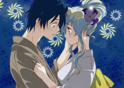  1boy alternate_hairstyle blue_hair commentary_request couple earrings eye_contact female flower hair_bun hair_flower hair_ornament hand_on_another&#039;s_face japanese_clothes jewelry looking_at_another multicolored_hair nia_teppelin photoshop_(medium) simon_(ttgl) single_hair_bun straight tengen_toppa_gurren_lagann two-tone_hair yukimitsuki 