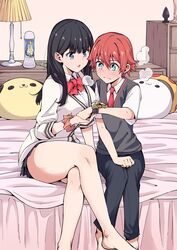  1boy acceptor aqua_eyes bare_legs barefoot bed_sheet bedroom black_hair black_pants black_skirt blue_eyes blush bow breasts cardigan chicke_iii closed_mouth collared_shirt commentary_request condom condom_wrapper crossed_legs dildo feet female gridman_universe hand_grab heavy_breathing hibiki_yuuta highres indoors lamp legs long_hair microskirt necktie nervous on_bed open_mouth pants pillow red_bow red_hair red_necktie school_uniform scrunchie sex_toy shirt short_sleeves sitting skirt ssss.gridman sweat takarada_rikka thighs wavy_mouth 